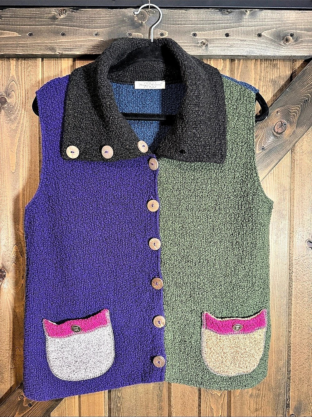 Margaret Winters Color Block Button Front Sweater Vest in Purple & Green